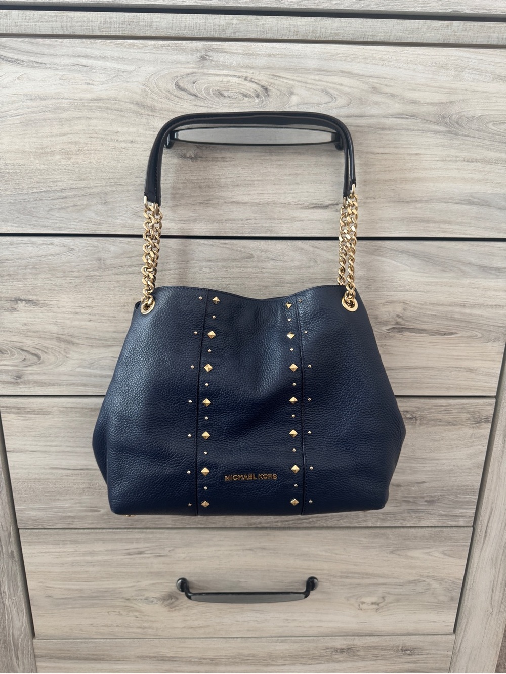 Michael Kors Navy Pebbled Leather Shoulder Bag with Gold Chain Handles and Studs